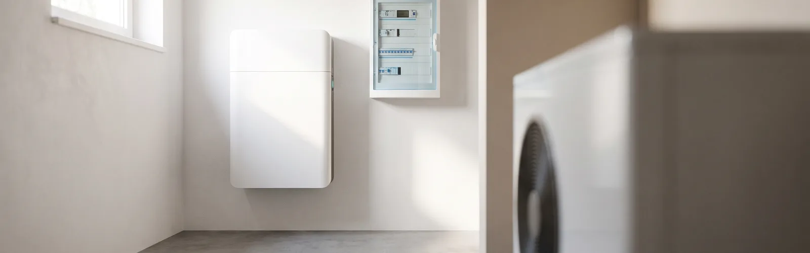 Batterie domestique fix&eacute;e au mur d&rsquo;un local technique &agrave; c&ocirc;t&eacute; du tableau &eacute;lectrique