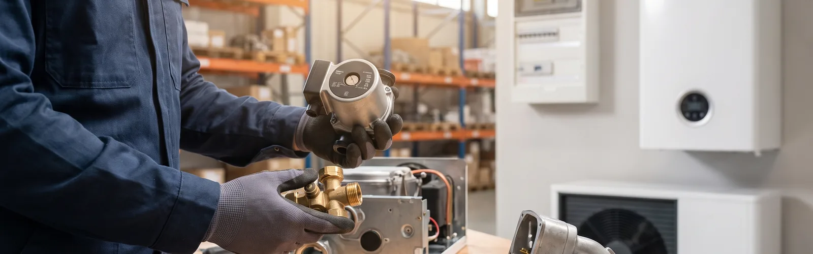 Technicien avec des pi&egrave;ces d&rsquo;origine dans l&rsquo;entrep&ocirc;t