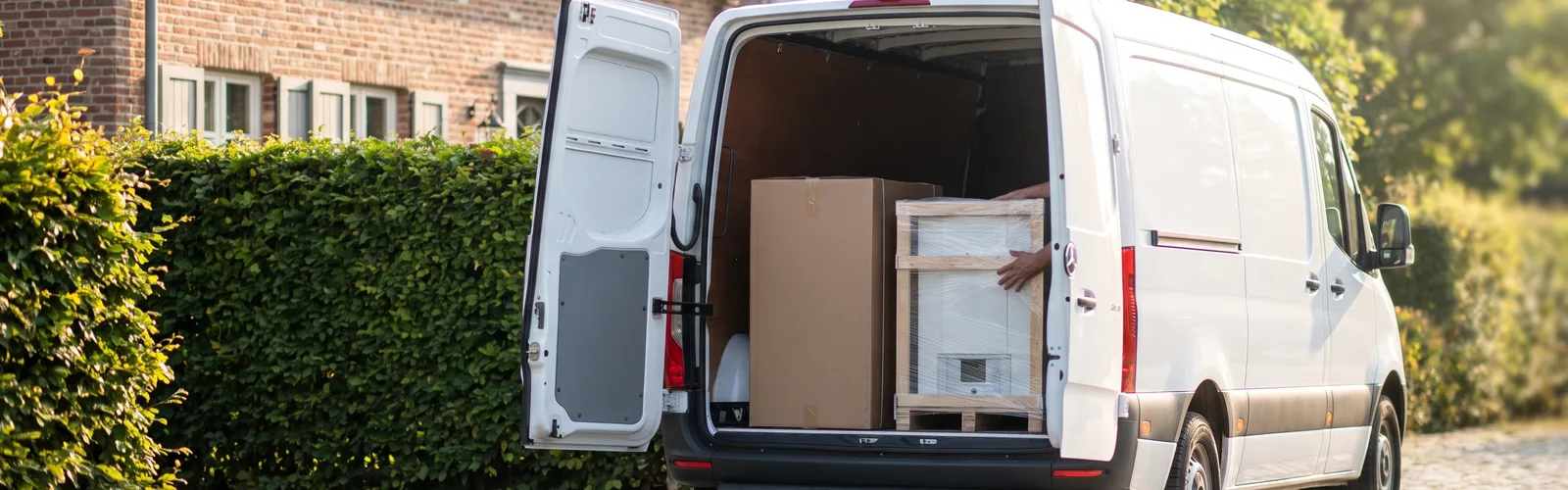 Camionnette de livraison avec palette et colis devant une maison
