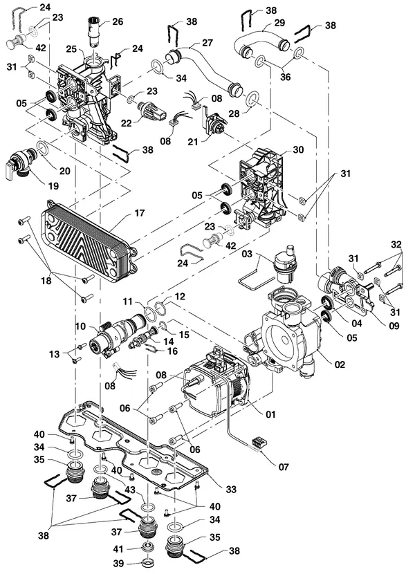 Vue éclatée Vaillant ecoTEC pure VHR 28-34/7-2 : Pièces hydrauliques