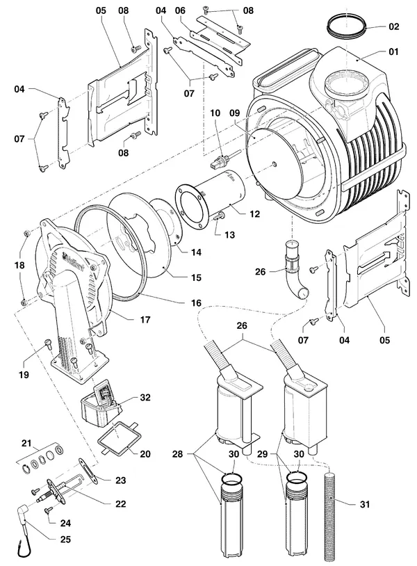 Vue éclatée Vaillant ecoTEC classic VHR 18-24/5-3 R6 : Brûleur et échangeur thermique