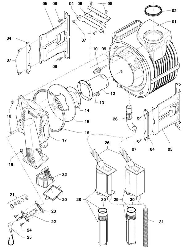 Vue éclatée Vaillant ecoTEC classic VHR 23-28/5-3 R6 : Brûleur et échangeur thermique