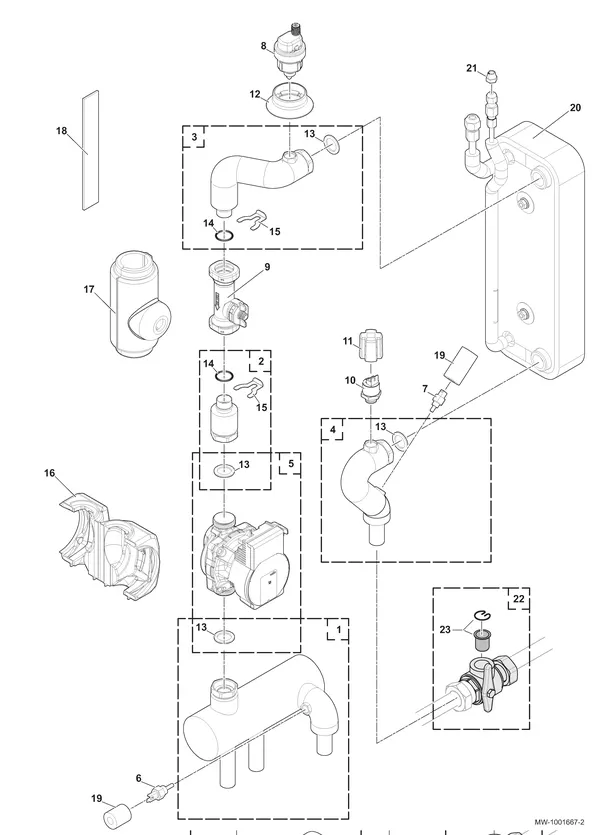 Vue éclatée Remeha Elga Ace unité intérieure 4kW : Hydraulisch circuit