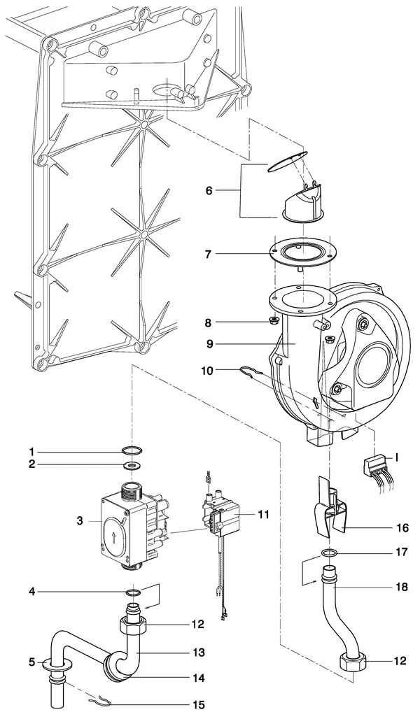 Vue éclatée Intergas Kombi Kompakt HR 36/30A : Gasstraat 1 1 avec ventilateur incl tunnel