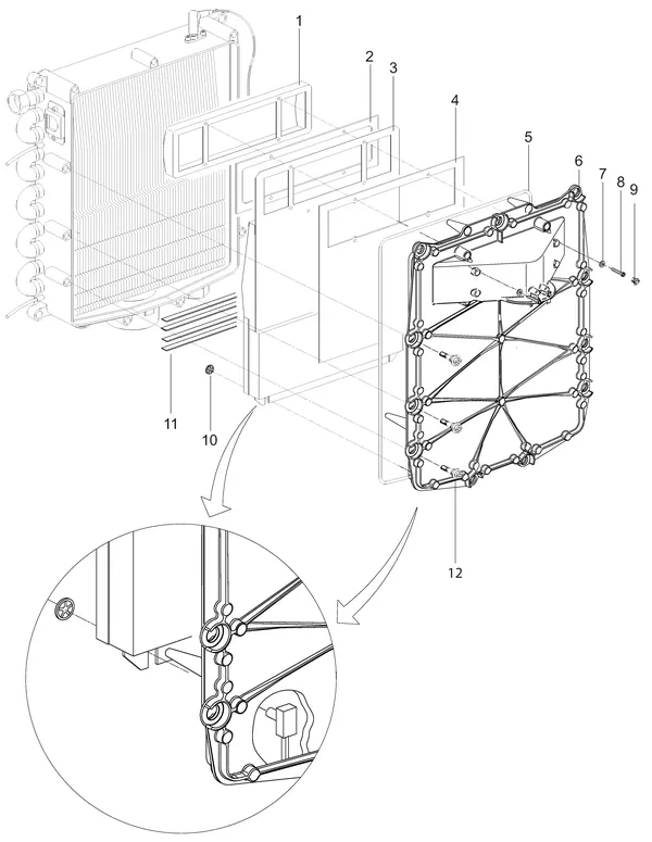 Exploded view Intergas Kompakt Solo HRE 48A: Branderunit voorplaat met borstbout vana