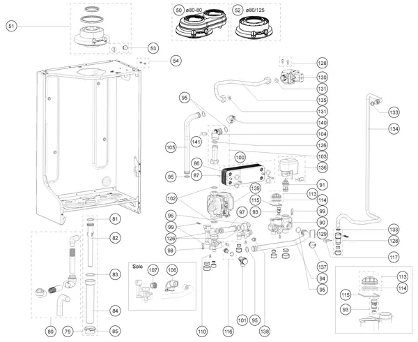 Vue éclatée Atag i28ECZ-TY28E20H iCon1 : Achterwand en hydraulische componenten