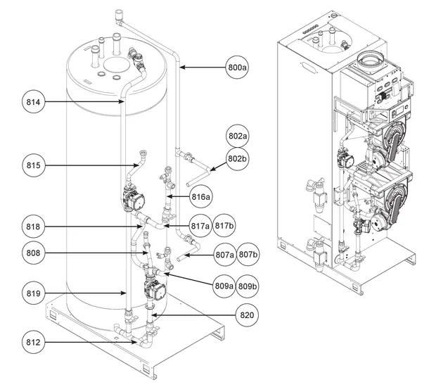 Exploded view Remeha CWH Ace 90/302: Leidingen 2 vanaf serienr 23xxxxxx