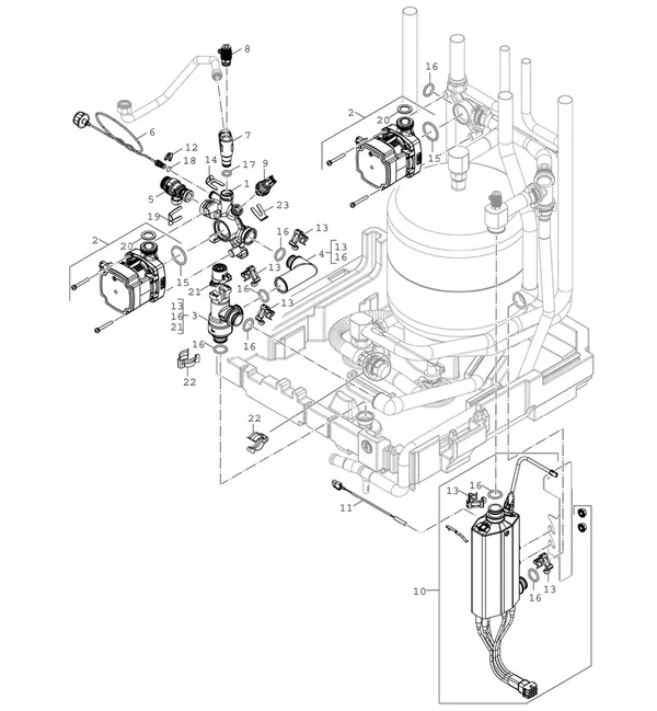 Vue éclatée Bosch Compress 5800i AW (CS5800iAW 12 M) : Pompe et appoint électrique