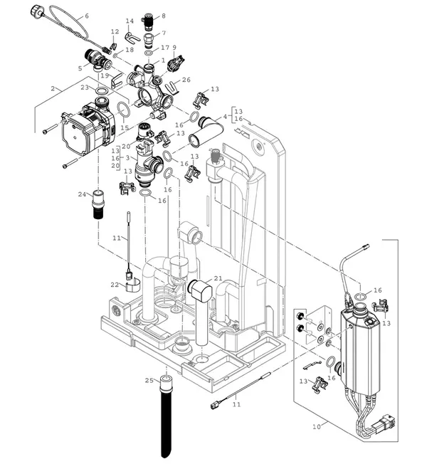 Vue éclatée Bosch Compress 5800i AW (CS5800iAW 12 E) : Pompe et appoint électrique