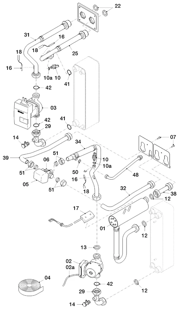Vue éclatée Vaillant flexoTHERM VWF 117/4 : Pièces hydrauliques