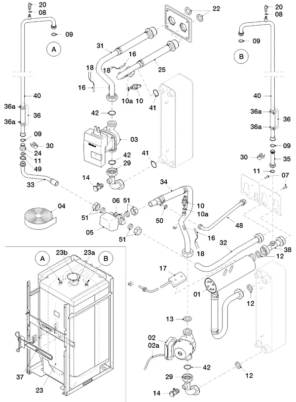 Vue éclatée Vaillant flexoTHERM VWF 118/4 : Pièces hydrauliques