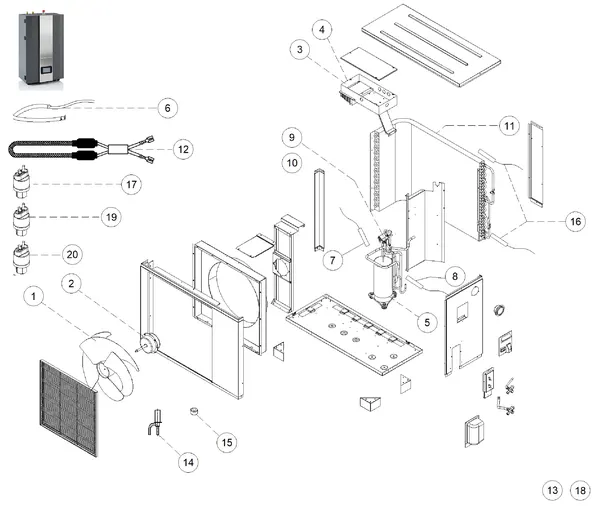 Vue éclatée Itho Daalderop HP-S 110 unité extérieure : Vue d'ensemble