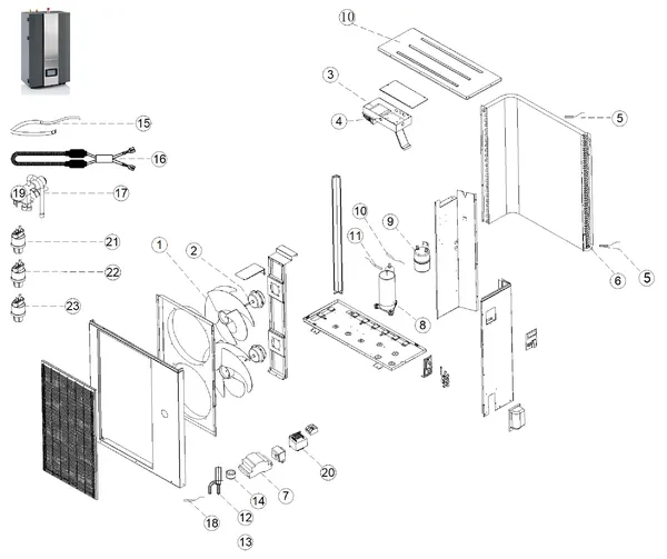 Vue éclatée Itho Daalderop HP-S 130 unité extérieure : Vue d'ensemble