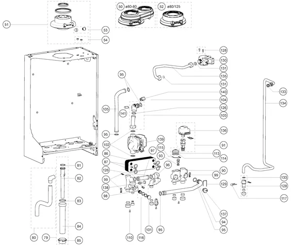 Exploded view Atag P35C iCon2: Achterwand en hydraulische componenten