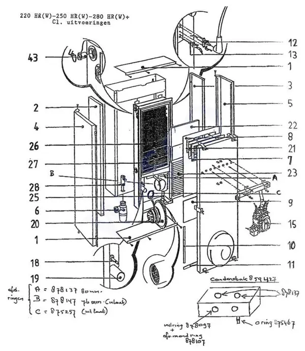Vue éclatée Intergas Comfortline 250 HRW-CL : Brûleur bloc gaz ventilateur