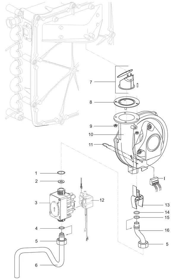 Vue éclatée Intergas Kombi Kompakt HRE 28/24A : Gasstraat ventilateur avec tunnelventuri