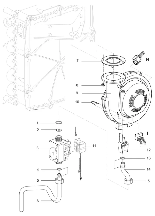 Vue éclatée Intergas Kombi Kompakt HRE 36/48A : Gasstraat ventilateur 230v avec tunnelvent