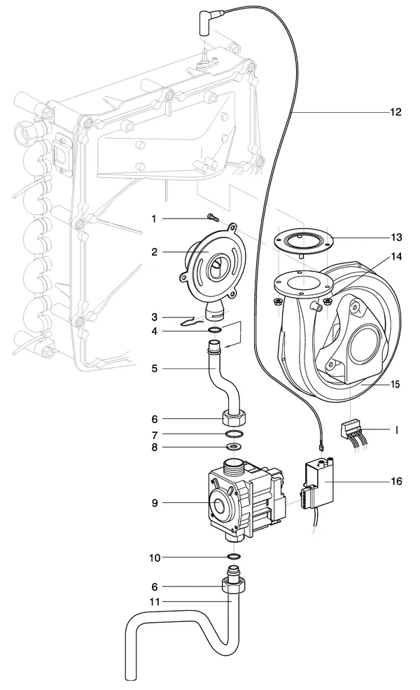 Exploded view Intergas Kompakt Solo HRE 12: Gasstraat ventilator met losse venturi
