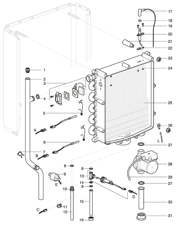 Exploded view Intergas Kompakt Solo HRE 18: Warmtewisselaar waterzijdig