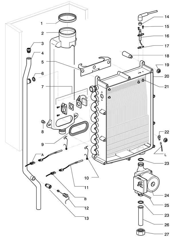 Exploded view Intergas Kombi Kompakt HR 22: Wisselaar rookgas waterzijdig tot august
