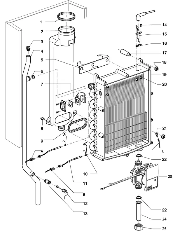 Vue éclatée Intergas Kompakt Solo HR 12 A : Échangeur thermique rookgas waterzijdig vana