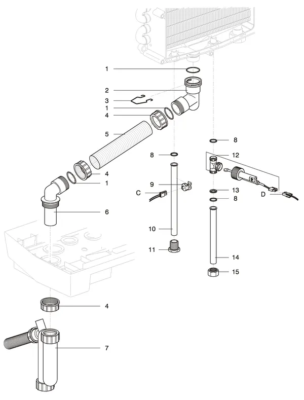 Vue éclatée Intergas Kombi Kompakt Tap HR 22 : Tapwaterzijdig condensafvoer jusqu'à augustu