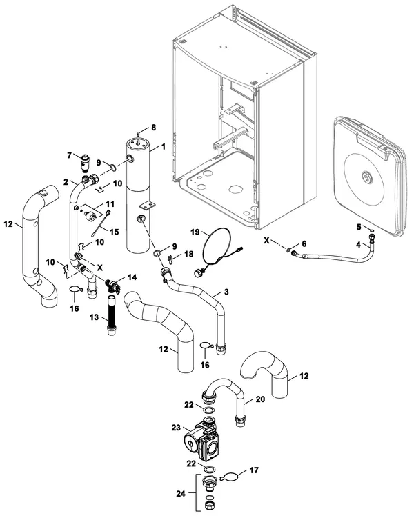Exploded view Nefit (Bosch) Monoblock IDU 13-17 E: Pomp iso leidingen