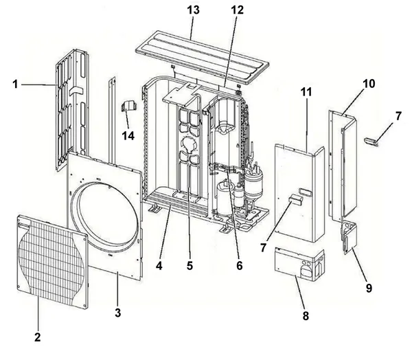Vue éclatée Remeha Unité extérieure AWHP 8 MR-2 : Unité extérieure