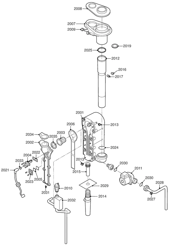 Exploded view Remeha Quinta 10 Solo: Wisselaar pomp rookgasafvoer