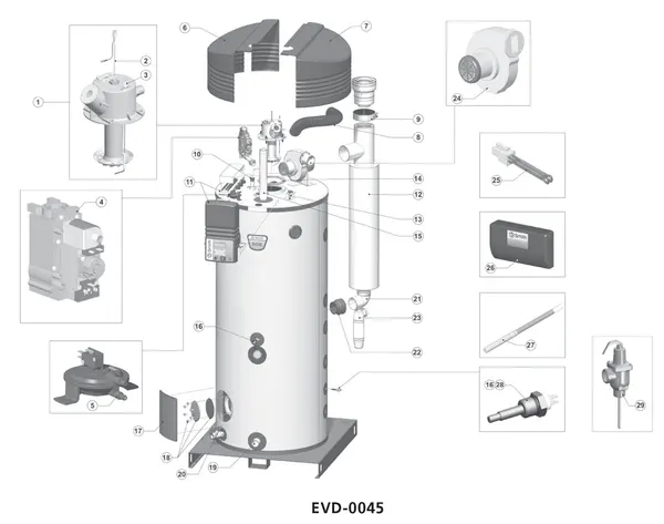 Exploded view A.O. Smith SGE 40 (tot 01-09-1990): Totaaloverzicht