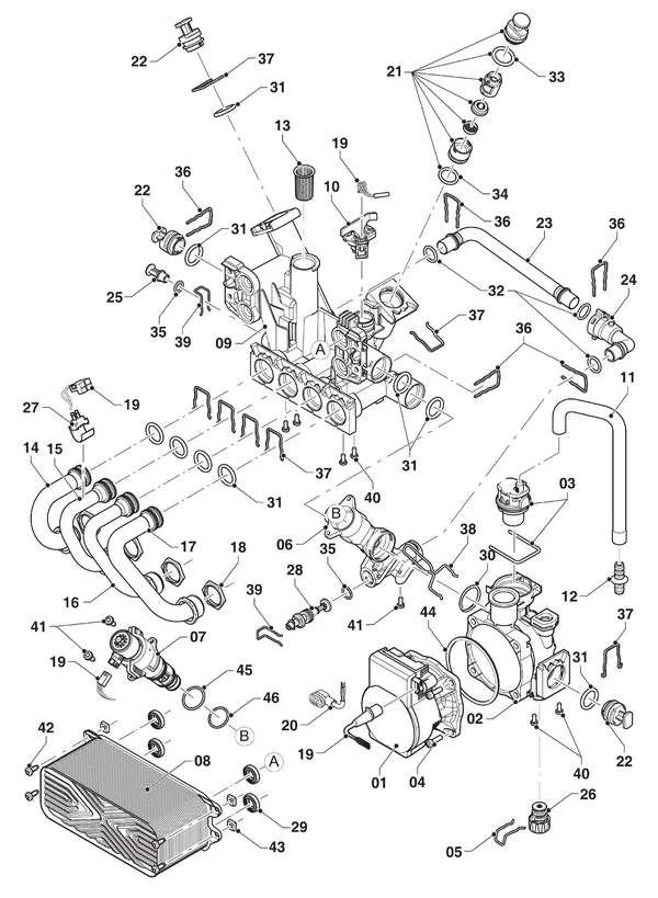 Vue éclatée Vaillant ecoTEC plus VHR 30/36 CS/1-5 : Pièces hydrauliques – hydrobloc
