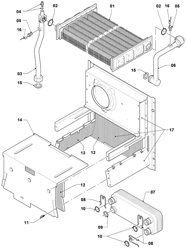 Vue éclatée Vaillant Chaudière mixte Turbo CWK 245/3 : Échangeur thermique