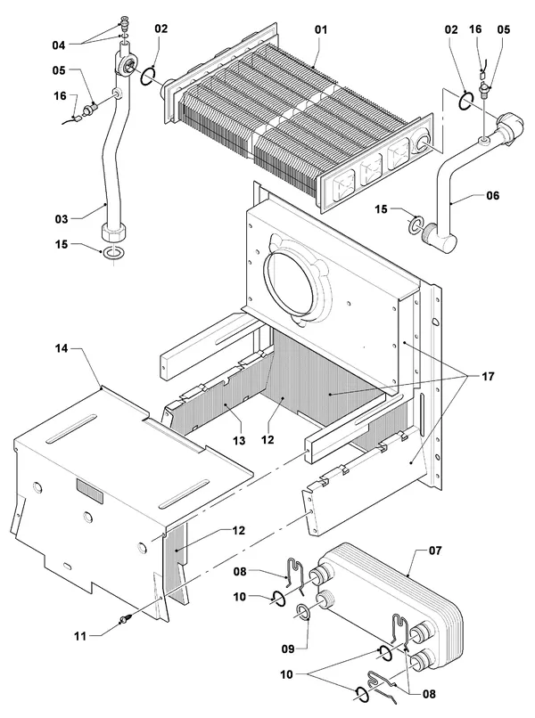 Vue éclatée Vaillant Chaudière mixte Turbo CWK 245/3 R1 : Échangeur thermique