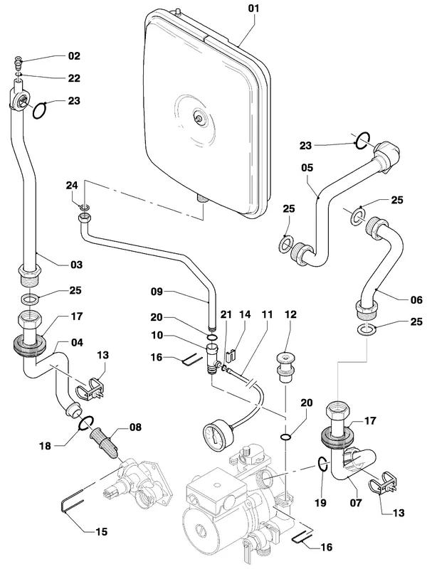 Vue éclatée Vaillant Chaudière mixte Turbo CWK 245/4-5 : Pièces de raccordement