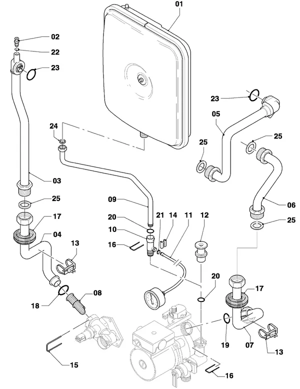 Vue éclatée Vaillant Chaudière mixte Turbo CWK 245/4-5 R4 : Pièces de raccordement