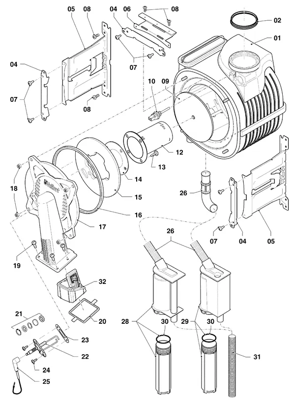 Vue éclatée Vaillant ecoTEC plus VHR 30-34/5-5 R6 : Brûleur et échangeur thermique