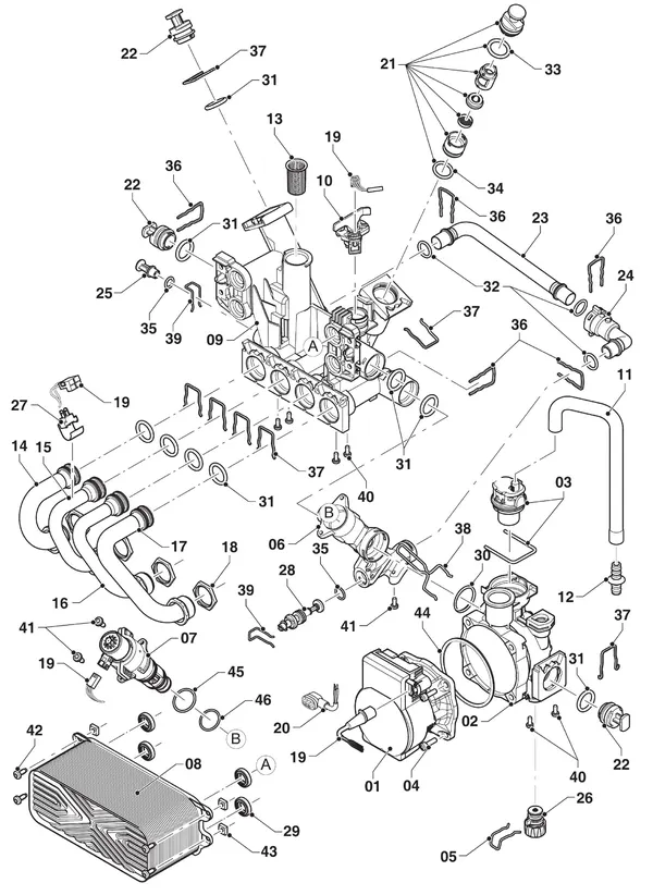 Vue éclatée Vaillant ecoTEC plus VHR I 36 CS/1-5 R1 : Pièces hydrauliques