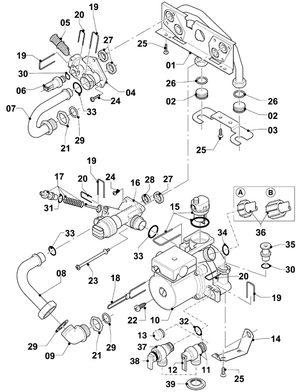 Vue éclatée Vaillant Chaudière VC 254/4-7 R3 : Pièces de raccordement – hydrobloc