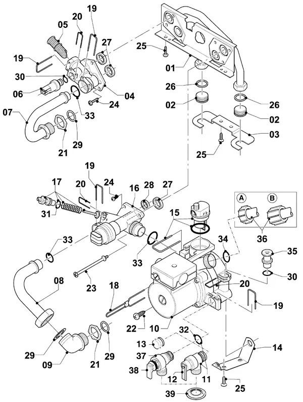 Vue éclatée Vaillant Chaudière Turbo VC 255/4-7 R3 : Pièces de raccordement – hydrobloc