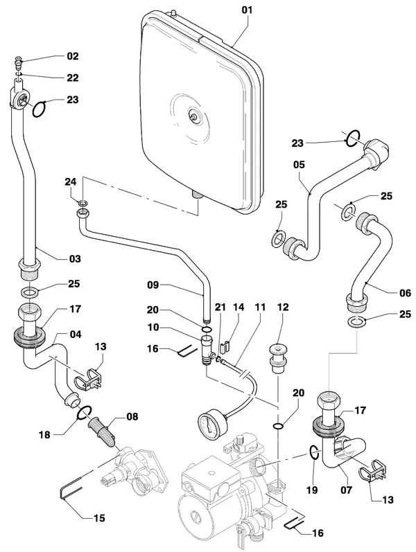 Vue éclatée Vaillant Chaudière Turbo VC 255/4-7 R3 : Pièces de raccordement