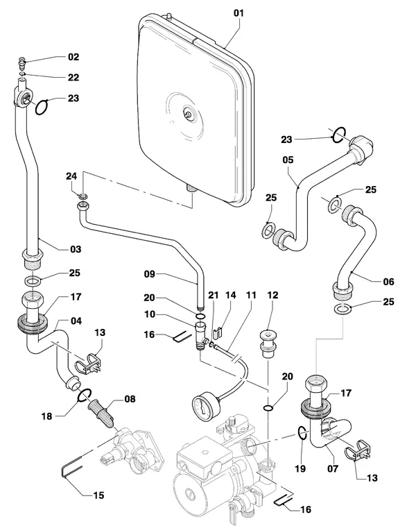 Vue éclatée Vaillant Chaudière Turbo VC 255/4-7 : Pièces de raccordement A