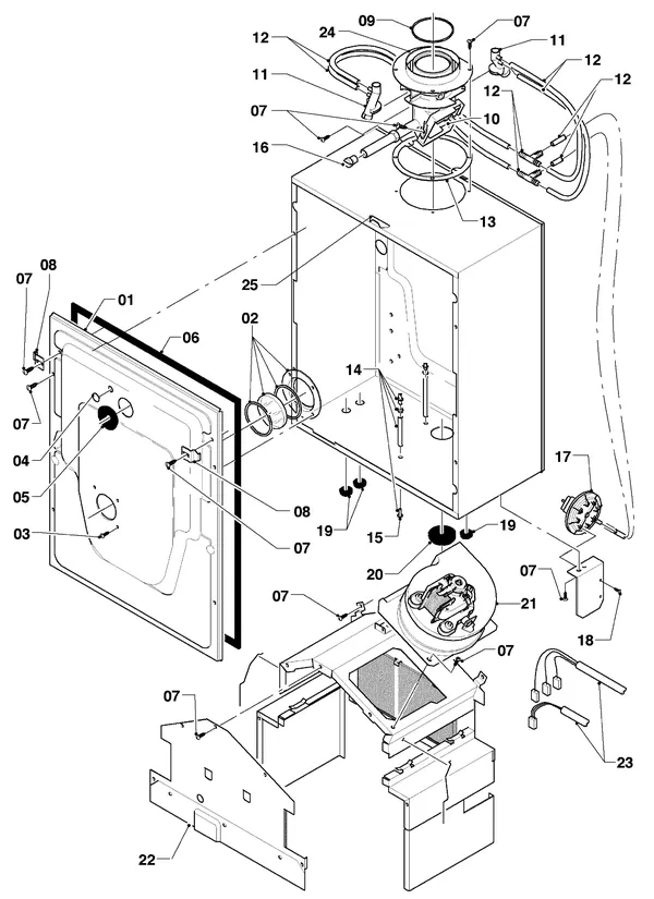 Vue éclatée Vaillant Chaudière mixte Turbo VCW 255/2 E : Boîtier électrique – carter