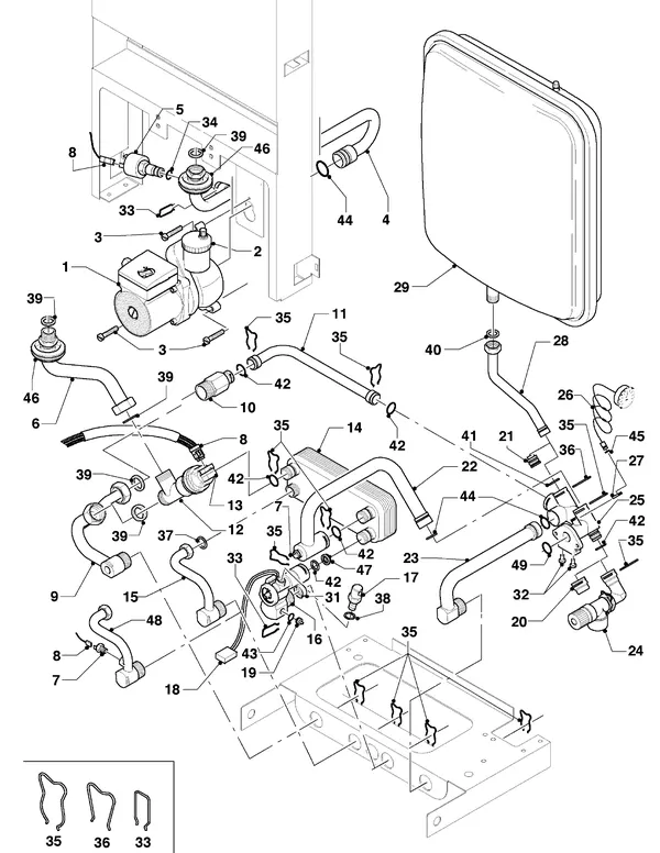 Vue éclatée Vaillant Chaudière mixte Turbo VCW 255/3 : Pièces de raccordement