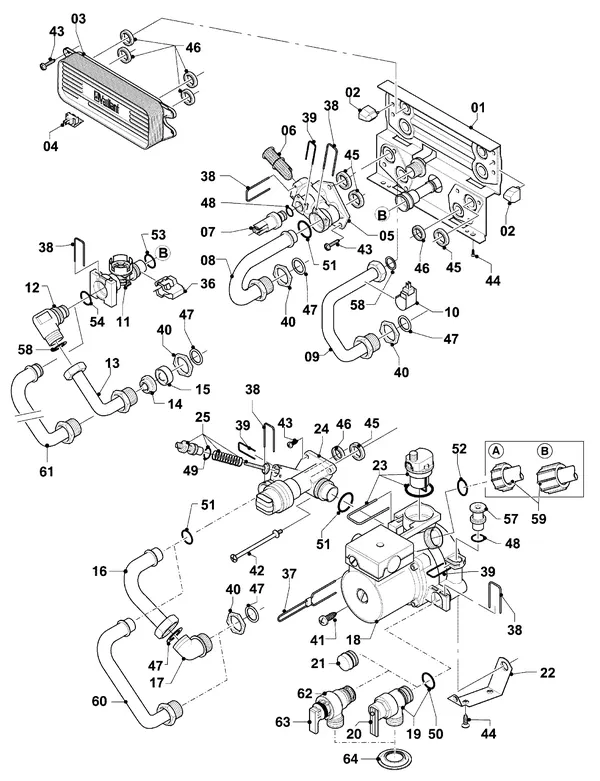 Vue éclatée Vaillant Chaudière mixte Turbo VCW 255/4-7 : Pièces de raccordement – hydrobloc