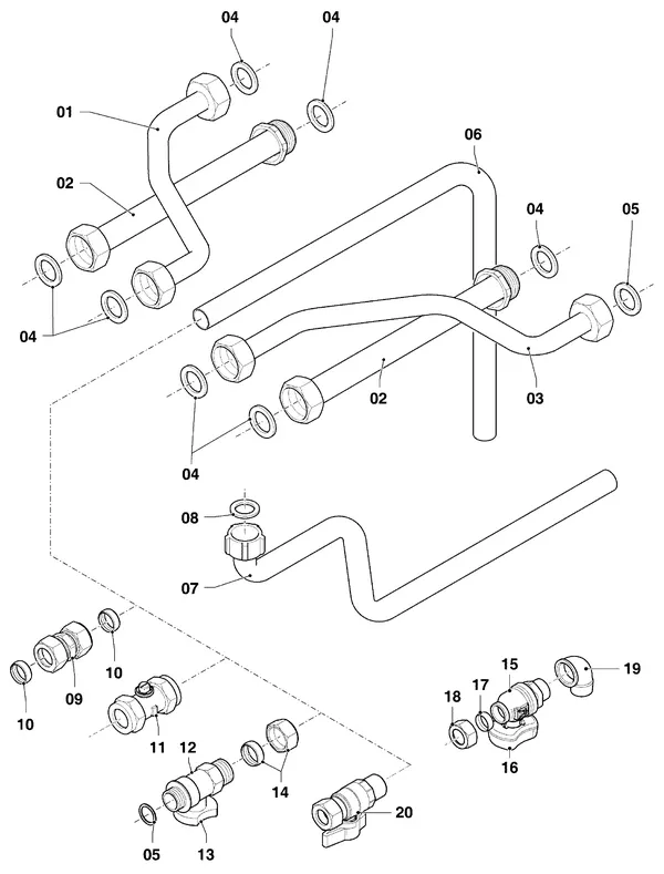 Vue éclatée Vaillant hrSOLIDE plus VHR 34/3-5 I : Pièces de raccordement – tuyaux
